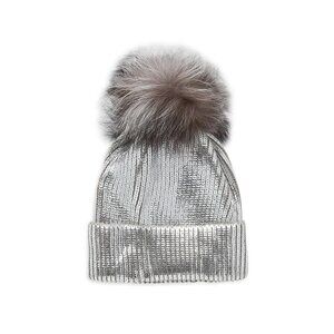 New - ADRIENNE LANDAU Fox Fur Pom-Pom Metallic Beanie Silver Hat